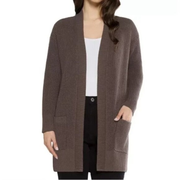 Chocolate Brown Fisherman knit long line cardigan fall sz small 100% cotton - Picture 1 of 14
